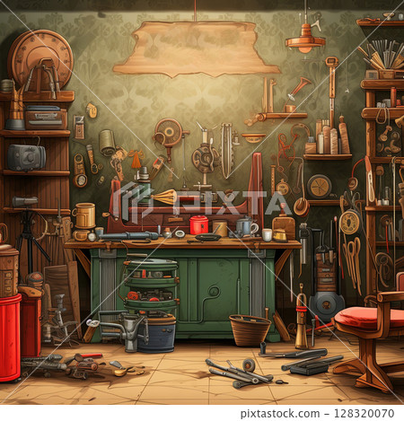 Vintage Workshop Interior with Tools and Equipment, A Nostalgic Artisan s Haven, Detailed Scene Vintage Workshop Interior with Tools and Equipment, A Nostalgic Artisan s Haven, Detailed Scene 128320070