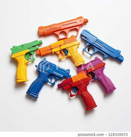 Colorful Toy Gun Collection Displayed on White Backdrop for Playful Still Life Composition 128320072