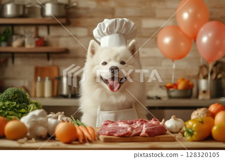 Happy Dog Chef in Kitchen Surrounded by Fresh Vegetables and Meat 128320105