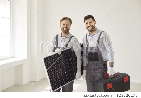 Happy workers team, male group ready for home, office battery installations, indoors and outside Happy workers team, male group ready for home, office battery installations, indoors and outside 128320173