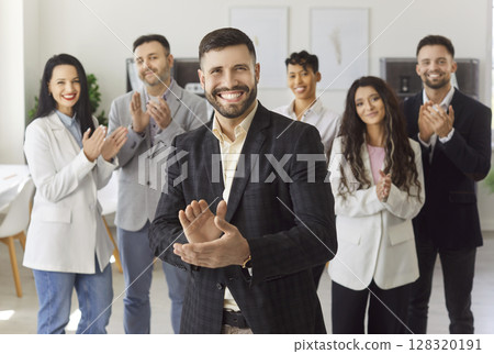 Happy leader and employees team celebrate success of deal and business growth, clapping hands Happy leader and employees team celebrate success of deal and business growth, clapping hands 128320191