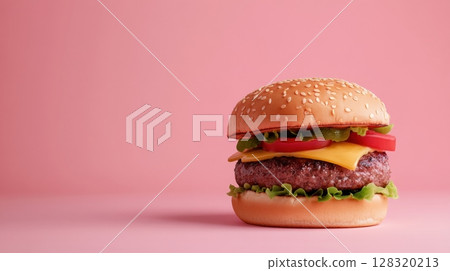 Juicy Cheeseburger with Fresh Vegetables on Pink Background 128320213