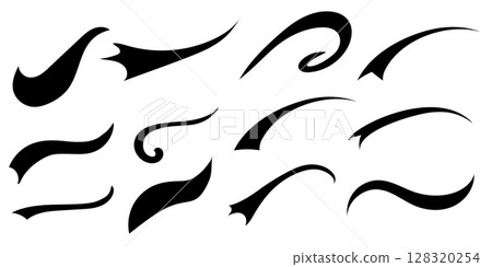 Baseball swoosh tails, isolated black vector curly lines, baseball decoration. Sports swash shapes set in retro style. Swirl strokes flat vector 128320254