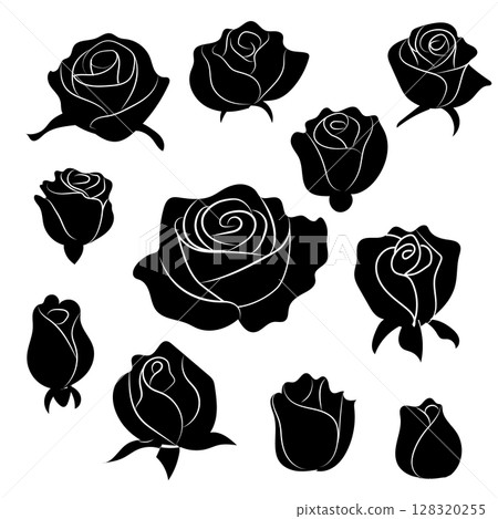 Set of black roses isolated flat vector spring summer flowers blooming stylized bloom  128320255