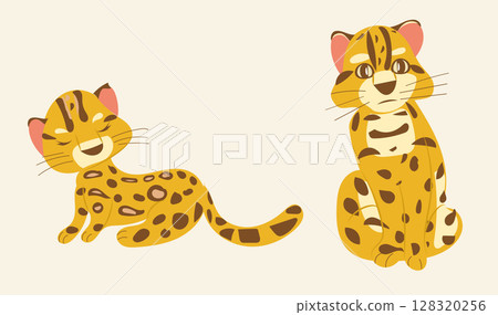 Set cartoon ocelot isolated, sitting and sleeping flat vector sketch doodle 128320256