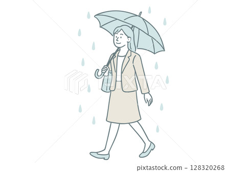 雨天打傘上班的女企業家插畫（雨季、通勤場景） 128320268