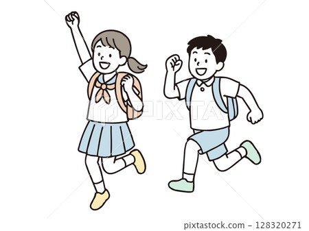 一位男女國中生背著背包精力充沛地奔跑的插圖 128320271