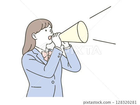 一名身穿水手服的高中女生拿著擴音器大喊的插圖 128320281