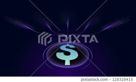 Dollar symbol glowing with energy lines on dark abstract background 128320413