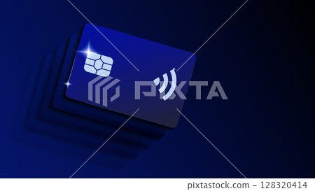Contactless bank card with glowing chip and signal icon on dark background 128320414