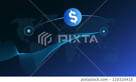 Global digital payment with dollar symbol connecting continents on glowing world map Global digital payment with dollar symbol connecting continents on glowing world map 128320418