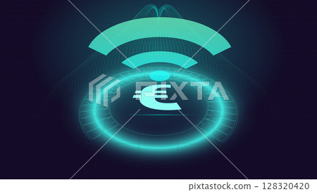 Euro symbol under glowing wireless signal with secure transfer aura and digital financial connectivity 128320420
