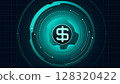Dollar symbol inside futuristic rotating teal interface expressing power and financial precision 128320422