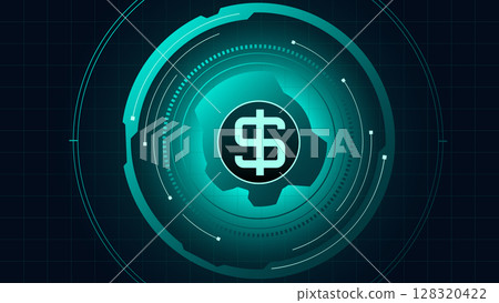Dollar symbol inside futuristic rotating teal interface expressing power and financial precision 128320422