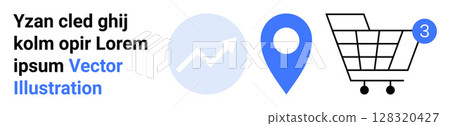 Text block, rising graph icon, blue location pin, shopping cart with number 3 notification. Ideal for business, travel, navigation, online shopping, digital marketing, data analysis. Landing page Text block, rising graph icon, blue location pin, shopping cart with number 3 notification. Ideal for business, travel, navigation, online shopping, digital marketing, data analysis. Landing page 128320427