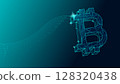 Wireframe glowing bitcoin symbol flying with sparkles on blue background 128320438