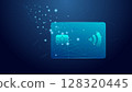 Futuristic glowing credit card with contactless payment chip and data lines 128320445