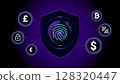 Futuristic fingerprint shield protection interface with digital currency icons 128320447