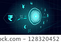 Vector design. Futuristic digital currency interface with glowing symbols on dark grid 128320452