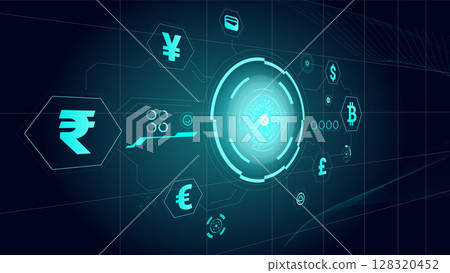 Vector design. Futuristic digital currency interface with glowing symbols on dark grid 128320452