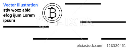 Bitcoin symbol in black circle with placeholder text and horizontal lines. Ideal for finance, fintech, cryptocurrency, blockchain, digital payments, currency exchange, economic graphics. Landing page 128320461