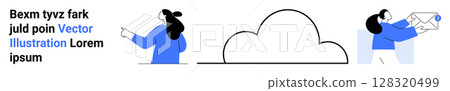 Three characters interact with cloud computing elements one points to text, another holds an envelope. Ideal for tech, teamwork, security, cloud storage, data transfer, digital communication, online 128320499