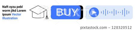 Graduation cap, buy button, and audio player icons. Ideal for e-learning, online courses, digital marketplaces, educational platforms, website buttons, audio content, user interfaces. Landing page Graduation cap, buy button, and audio player icons. Ideal for e-learning, online courses, digital marketplaces, educational platforms, website buttons, audio content, user interfaces. Landing page 128320512
