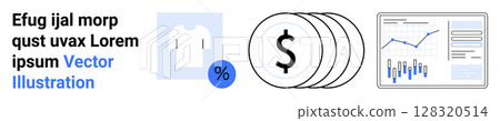 Shirt icon, percentage symbol, dollar coins, and statistical chart symbolize finance, economics, and e-commerce analytics for modern business. Ideal for finance presentations, business strategies 128320514