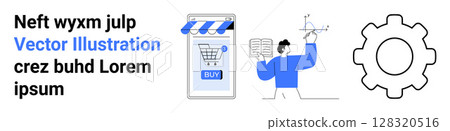 Smartphone with a shopping app, a person reading and pointing at a star chart, and a large gear graphic. Ideal for e-commerce, online education, technology, business strategies, digital marketing Smartphone with a shopping app, a person reading and pointing at a star chart, and a large gear graphic. Ideal for e-commerce, online education, technology, business strategies, digital marketing 128320516