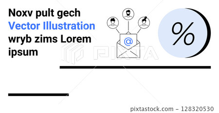 Envelope with at symbol, user icons in speech bubbles, large percentage icon. Ideal for email campaigns, newsletters, customer outreach, marketing strategies, contact management, analytics 128320530