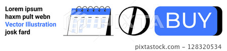 Calendar with spiral binding, pie chart, and rectangular blue BUY button. Ideal for shopping platforms, e-commerce, scheduling apps, data visualization, marketing websites, and online marketplaces 128320534