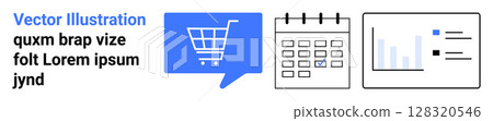 Shopping cart icon in speech bubble, calendar, and analytics chart for trio of business planning via e-commerce, scheduling, and data analysis. Ideal for e-commerce, business planning, analytics Shopping cart icon in speech bubble, calendar, and analytics chart for trio of business planning via e-commerce, scheduling, and data analysis. Ideal for e-commerce, business planning, analytics 128320546