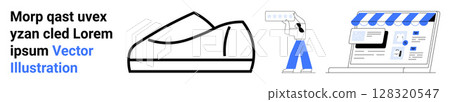 Shopping cart outline, barcode scanner, and online store with awning and screen. Ideal for e-commerce, online shopping, retail technology, digital sales, customer experience, payment systems Shopping cart outline, barcode scanner, and online store with awning and screen. Ideal for e-commerce, online shopping, retail technology, digital sales, customer experience, payment systems 128320547