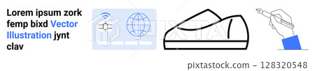 Tech dashboard with globe and wireless icon, casual shoe in outline style, hand holding fountain pen. Ideal for modern design, tech, fashion, writing, web interfaces, digital products, marketing Tech dashboard with globe and wireless icon, casual shoe in outline style, hand holding fountain pen. Ideal for modern design, tech, fashion, writing, web interfaces, digital products, marketing 128320548