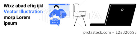 Text block, person holding cashback sign, modern chair, sleek laptop. Ideal for business, e-commerce, office, startup, marketing, remote work, technology Landing page 128320553