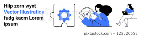 Puzzle piece with gear icon, person holding steering wheel, and person with laptop. Ideal for teamwork, problem-solving, online learning, collaboration, technology use, productivity, education 128320555