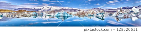 Jokulsarlon ice lagoon with glaciers and reflections Iceland Jokulsarlon ice lagoon with glaciers and reflections Iceland 128320611