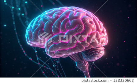 Glowing human brain with neural network and digital connections symbolizes artificial intelligence and neuroscience research 128320668