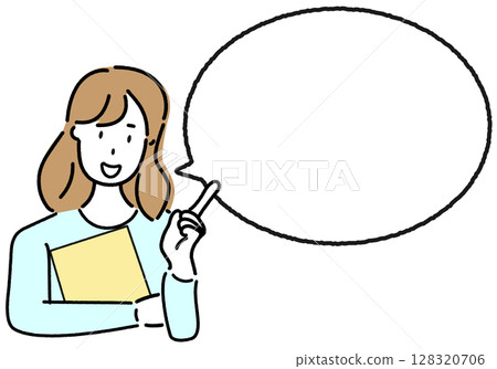 A young woman pointing and a speech bubble 128320706