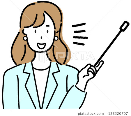 A woman in a suit explaining with a pointer A woman in a suit explaining with a pointer 128320707