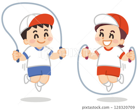 一個穿著運動服的孩子正在跳繩 128320709
