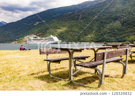 Rest area and cruise ship on fjord, Flam Norway Rest area and cruise ship on fjord, Flam Norway 128320832