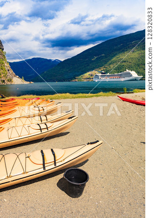 Kayaks and cruise ship in Flam, Norway 128320833