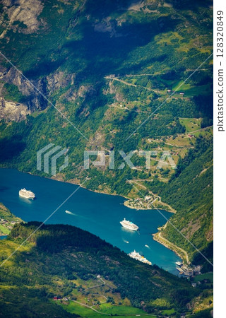 Fjord Geiranger from Dalsnibba viewpoint, Norway Fjord Geiranger from Dalsnibba viewpoint, Norway 128320849