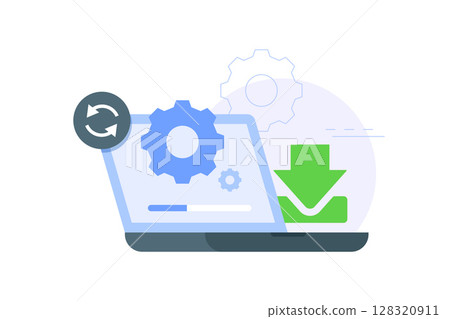 Laptop screen with gear, loading bar, and download icon representing software installation, system update, or file download process Laptop screen with gear, loading bar, and download icon representing software installation, system update, or file download process 128320911