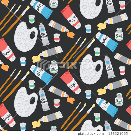 Hand drawn seamless pattern with art supplies including palettes, brushes and paint tubes on dark background 128321065