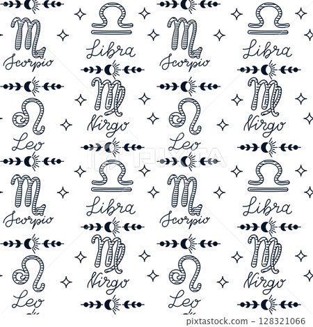 Hand drawn seamless pattern with zodiac signs Leo, Virgo, Libra and Scorpio, isolated on white background 128321066