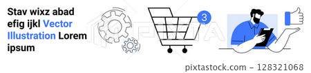 Shopping cart with notification, gear icons symbolizing settings or technology, and a person with a clipboard. Ideal for e-commerce, technology, services, digital marketing, development, apps 128321068