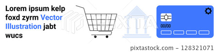 Shopping cart symbolizing e-commerce, classical building representing a bank, credit card with settings icon for digital payment. Ideal for e-commerce, online shopping, banking services, financial Shopping cart symbolizing e-commerce, classical building representing a bank, credit card with settings icon for digital payment. Ideal for e-commerce, online shopping, banking services, financial 128321071