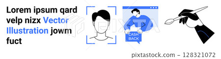 Text element, user profile icon, cash back graphic, and hand holding a brush. Ideal for marketing, finance, profile creation, personalization, design, e-commerce, user interface. Landing page Text element, user profile icon, cash back graphic, and hand holding a brush. Ideal for marketing, finance, profile creation, personalization, design, e-commerce, user interface. Landing page 128321072